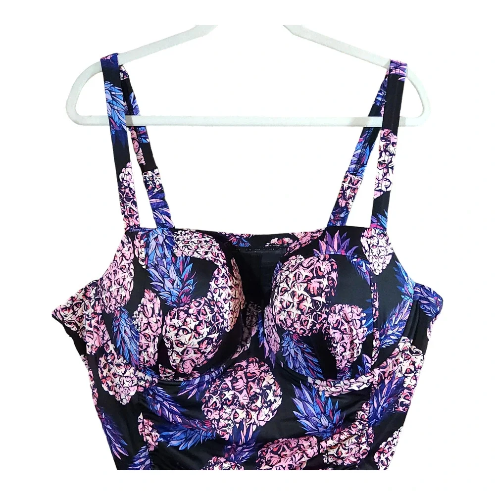 torrid Black One-Piece Swim with Purple Pineapple Print